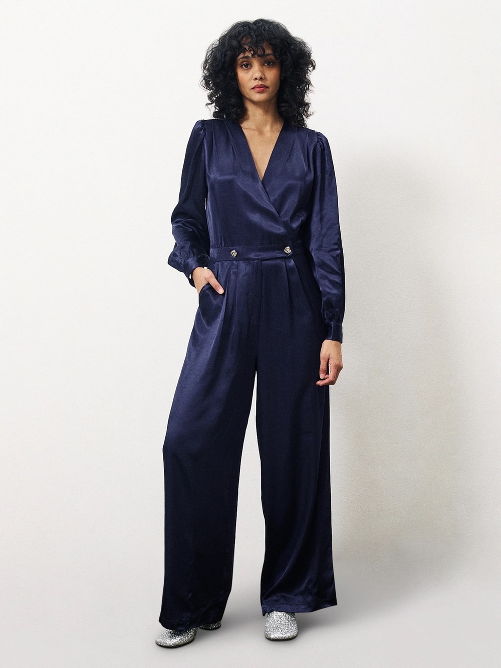 FRNCH Rachelle Silky Feel Long Sleeved Jumpsuit Navy Blue NWT Size Small